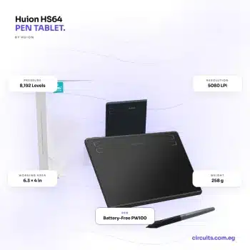 Huion HS64 graphic tablet specs — battery-free PW100 pen, 8192 pressure levels, 6.3 x 4 in working area, 5080 LPI pen resolution, 258 g featherlight body, 4 customizable express keys