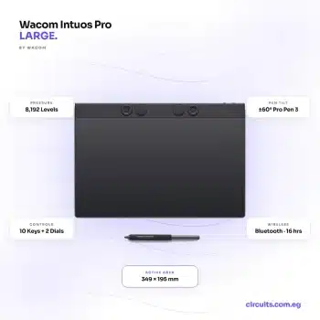 Wacom Intuos Pro Large 2025 (PTK870) pen tablet specs — 349 × 195 mm active area, Pro Pen 3 with 8,192 pressure levels and ±60° tilt, 10 ExpressKeys + 2 dials, Bluetooth and USB-C, 16-hour battery